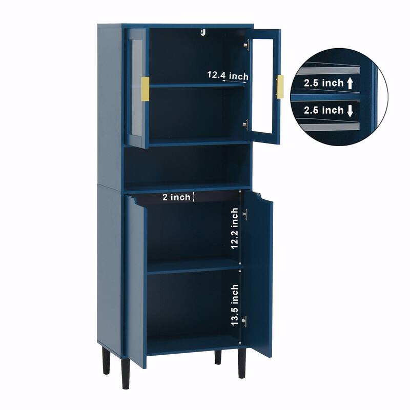 Tall Kitchen Pantry Cabinet with 2 Glass Display Doors & 2 Solid Doors