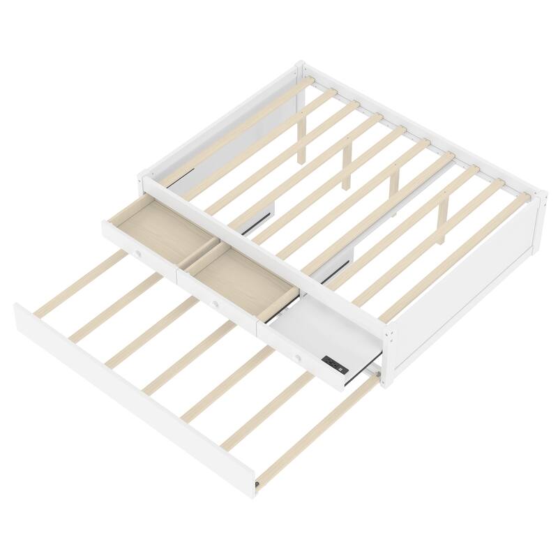 Platform Bed with Pull-out Trundle and Dual Storage Drawers, Built-in Power Strip, Wooden Bed Frame, No Box Spring Needed
