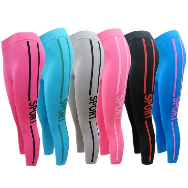 Women's 6 Pack Seamless Double Stripes "SPORT" Athletic Sports Yoga Capris Leggings
