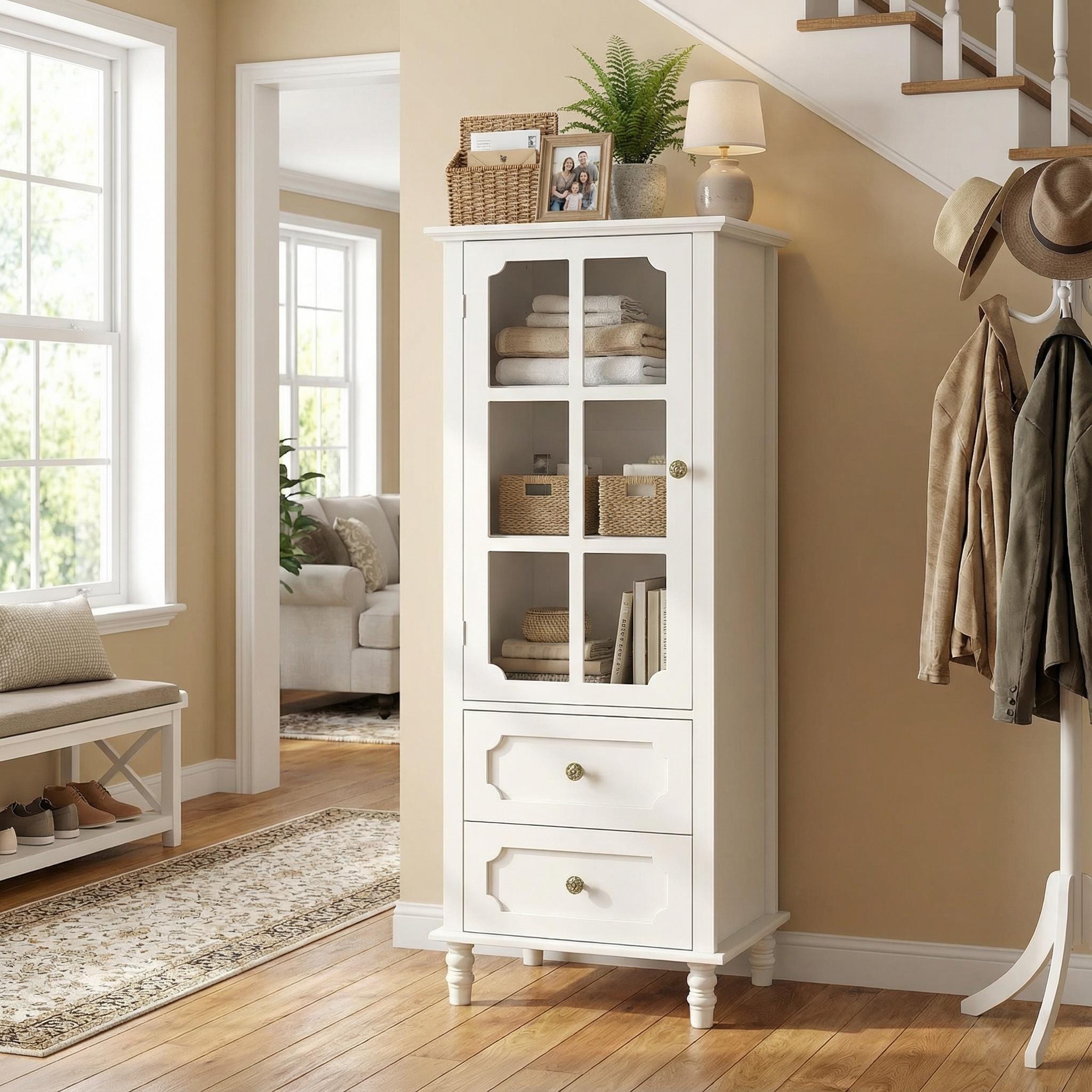 Homy Casa Minimalist Buffet Cabinet with Glass Doors & Drawer, Storage Sideboard, Kitchen Living & Dining Room Hallway Entryway