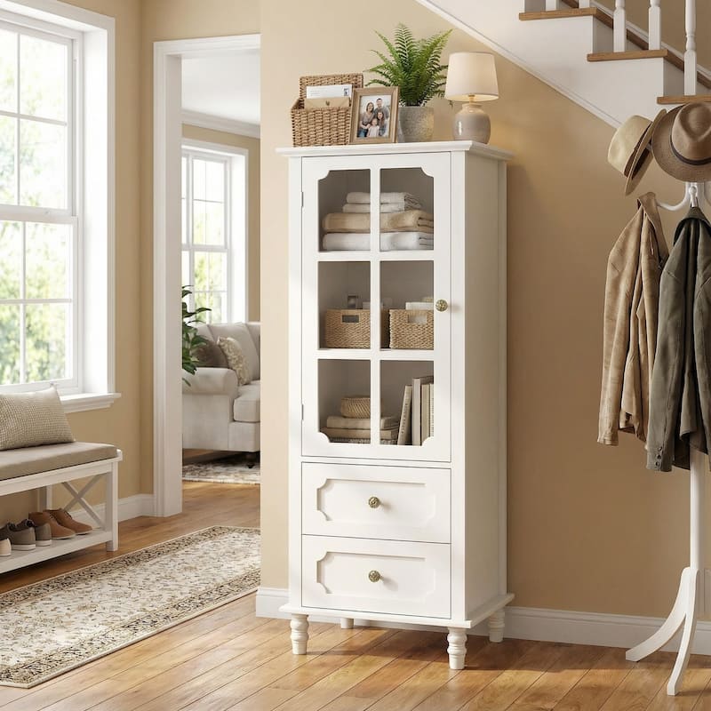 Homy Casa Minimalist Buffet Cabinet with Glass Doors & Drawer, Storage Sideboard, Kitchen Living & Dining Room Hallway Entryway - 19" - Cream White