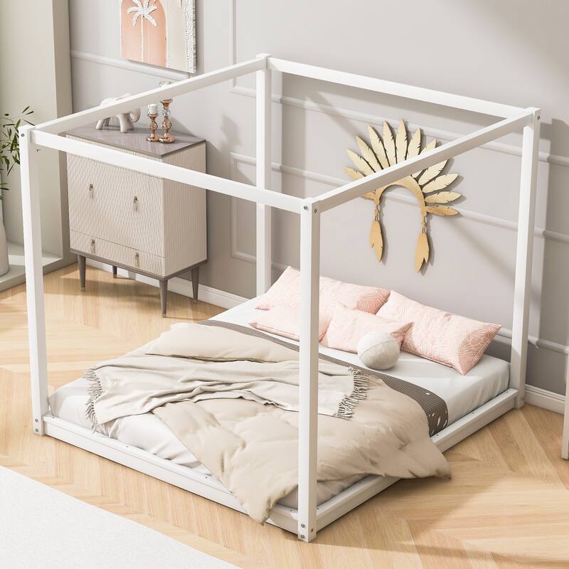 Wood Canopy Bed Floor Platform Bed Grounded Bed with Slats Support and Top Frame Easy Assembly No Box Spring Needed