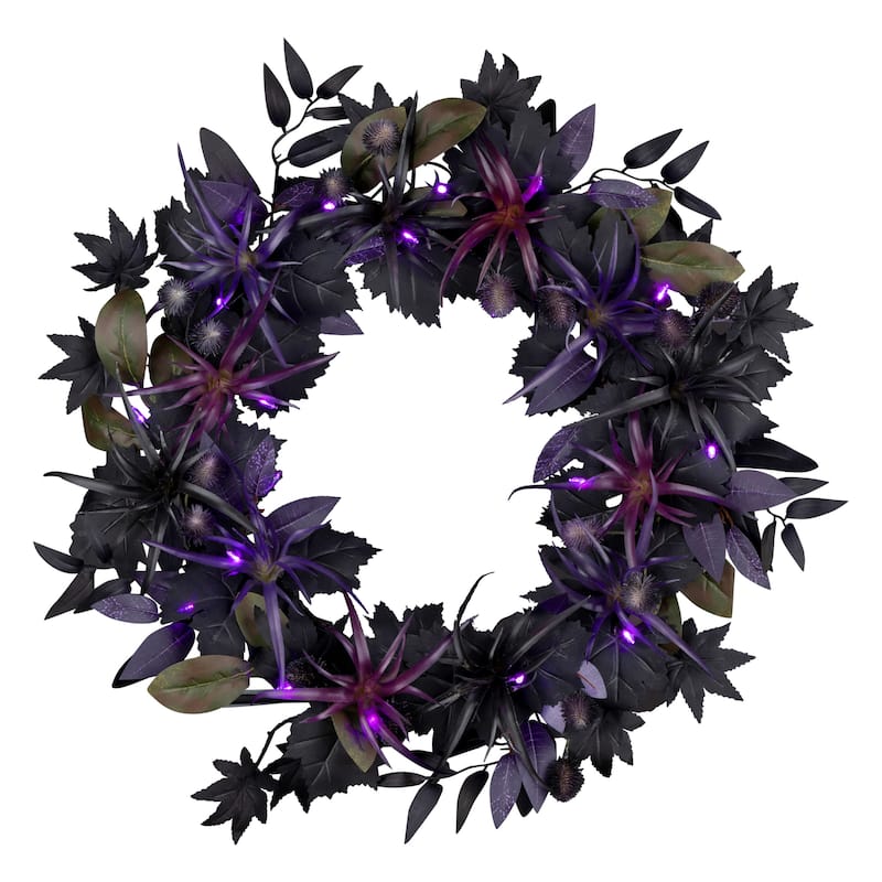 National Tree Company 24" Artificial Scare in the Air Halloween Wreath, 30 Purple LED Lights, Battery Operated - 2 ft