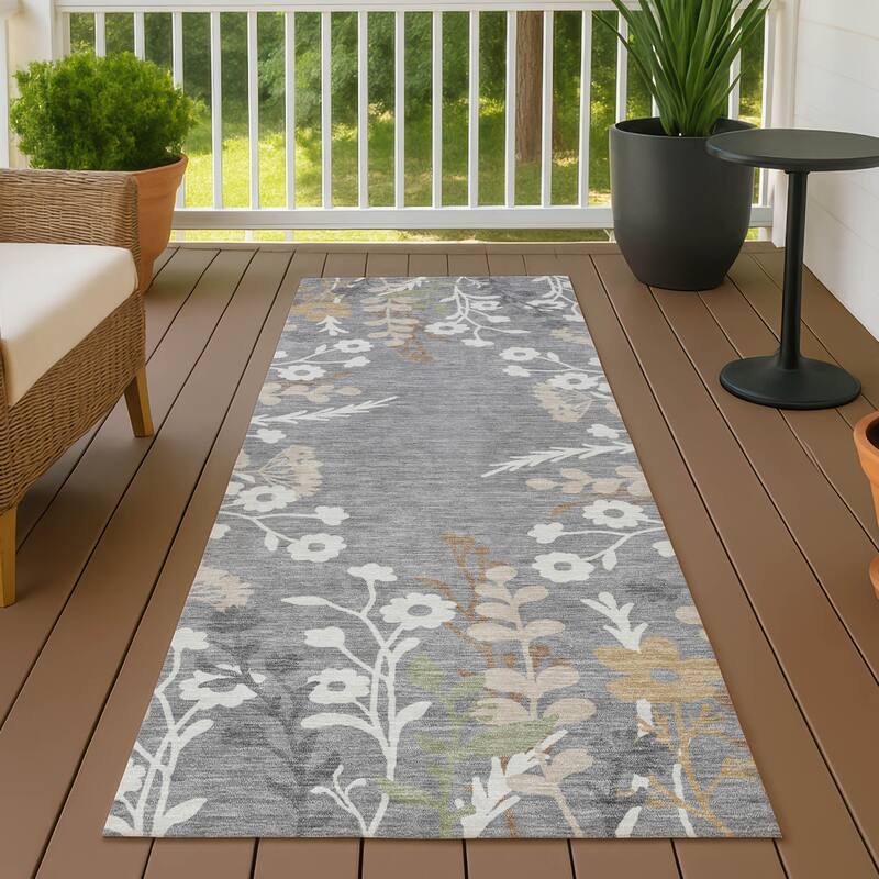 Machine Washable Indoor/ Outdoor Floral Border Chantille Rug - Gray - 2'3" x 7'6"