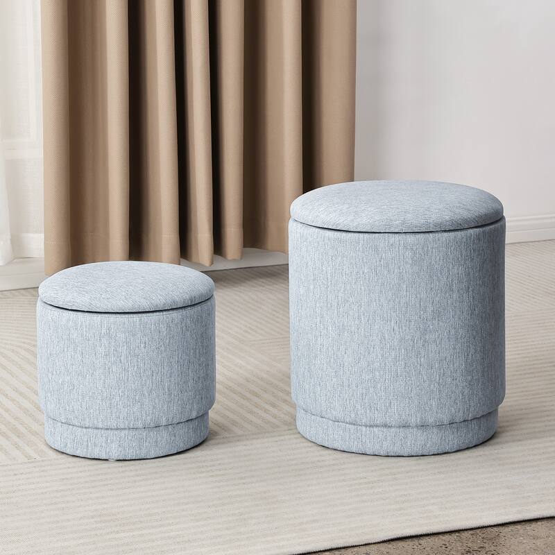 Adeco 2-Piece Round Fabric Storage Ottoman Set with Removable Lids - Light-Blue