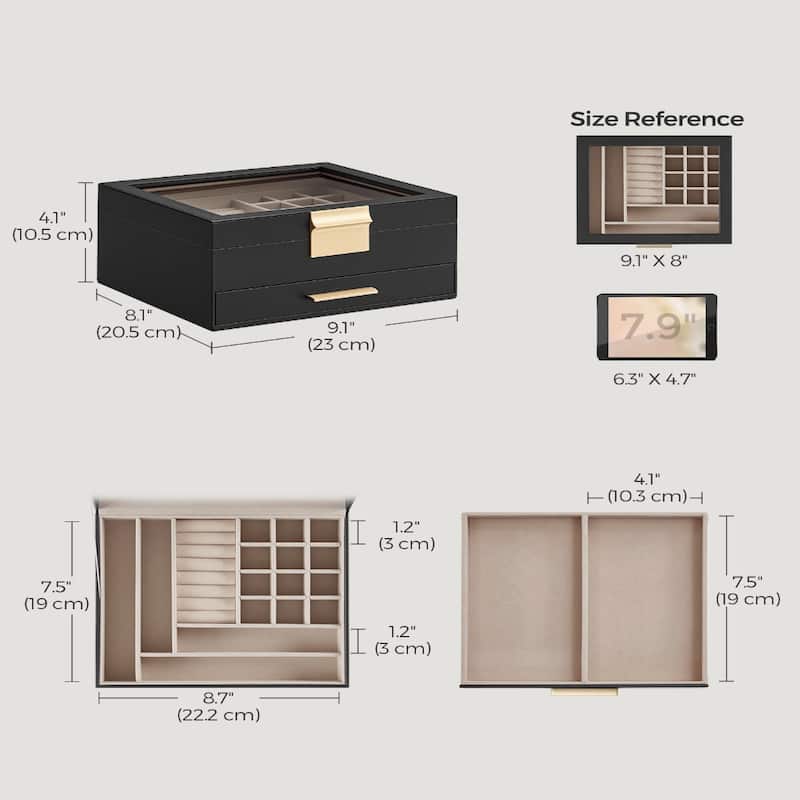 Modern Jewelry Organizer with Multiple Drawers Glass Top and Velvet Interior for Storage