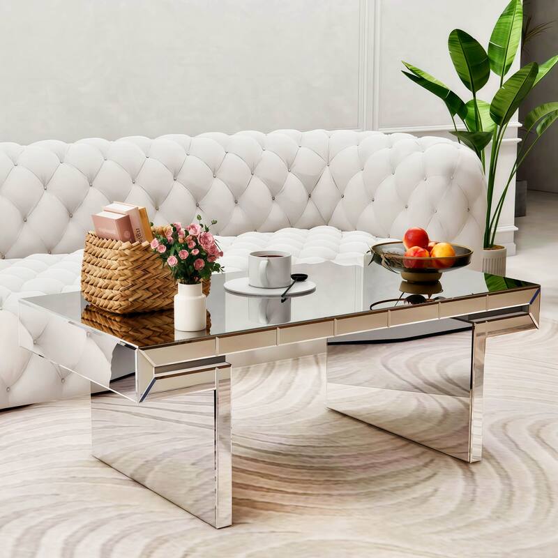 47" Luxury Rectangular Mirror Coffee Table with Fluted Tempered Glass