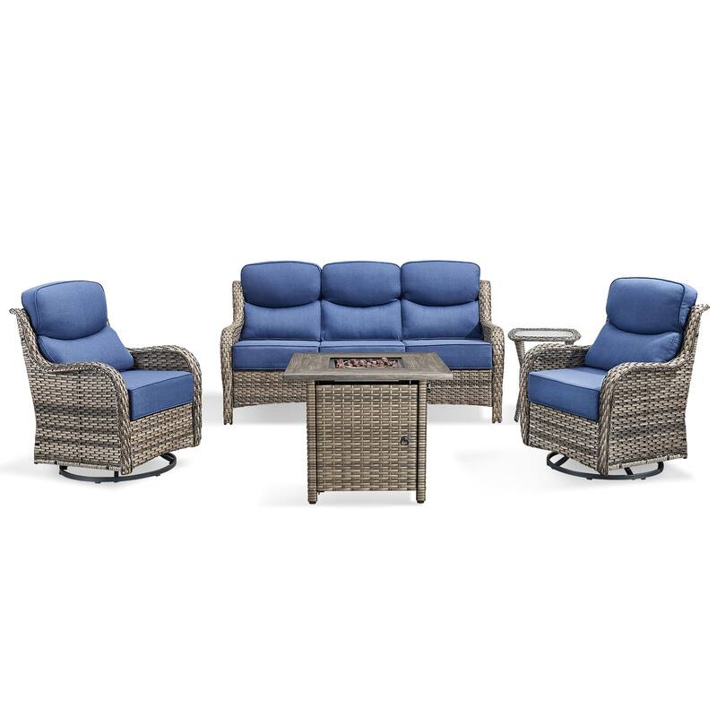Pocassy 5 Pieces Outdoor 6" Sofa Swivel Chair with Fire Pit Table