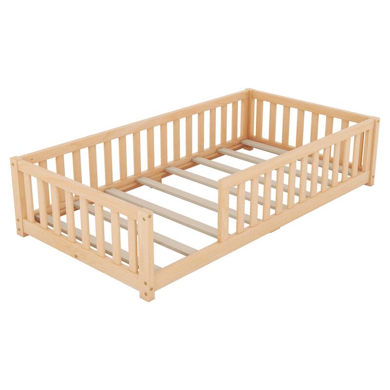Twin/Full/Queen Size Floor Bed with Safety Guardrails for Kids, Wood Montessori Bedframe w/ Door, Children's Noiseless Beds