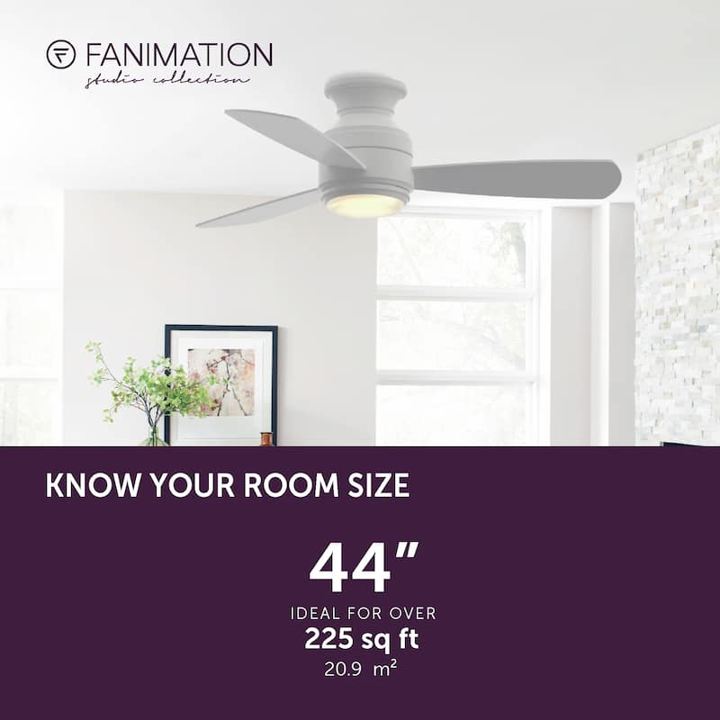 Fanimation Studio Collection Level 44 inch Matte White Flush Mount Ceiling Fan with LED Light and Wall Control