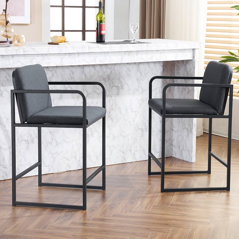 Modern Counter Height Bar Stool Set of 2, Upholstered Bar Stools with Armrests, Footrest Bar Chairs with Metal Frame