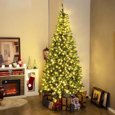 8FT Pre-Lit Corner Christmas Tree Hinged Artificial Xmas Tree W/ Stand