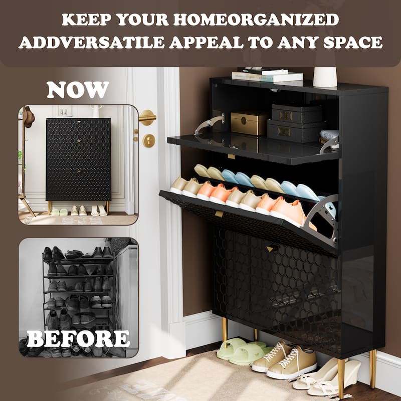 Wood 24 Pairs Shoe Storage Cabinet with 3 Flip Drawers