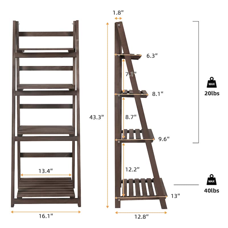 4 Tier Foldable Solid Wood Ladder Bookcase Storage Shelf - 16.1x12.8x43.3inch