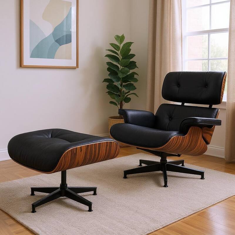 HomeRoots 28" Black and Rosewood Tufted Genuine Leather Lounge Chair With Ottoman - 28.30 in. x 29.00 in. x 20.50 in. - 28.30 in. x 29.00 in.  x 20.50 in.