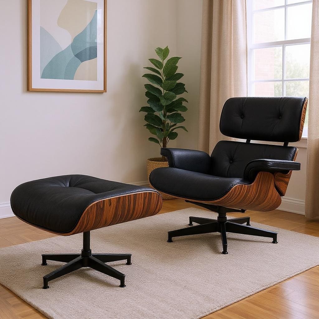 HomeRoots 28" Black and Rosewood Tufted Genuine Leather Lounge Chair With Ottoman - 28.30 in. x 29.00 in. x 20.50 in.