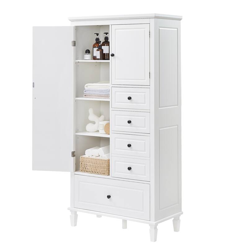 White Pine Wood Tall Storage Cabinet with 4 Different Sizes Drawers, Adjustable Shelves and Anti-Tipping Feature, Multi-Room Use