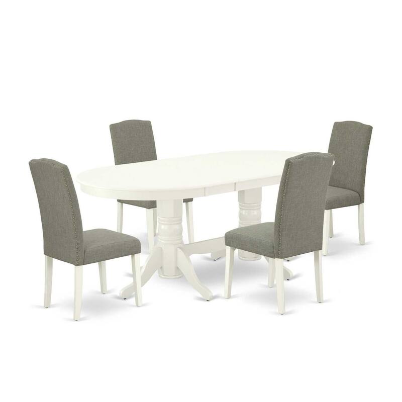 Rustic Dining Set for 4 - 5 Piece Table & Chair Set - Linen White Legs - Dark Shitake Fabric