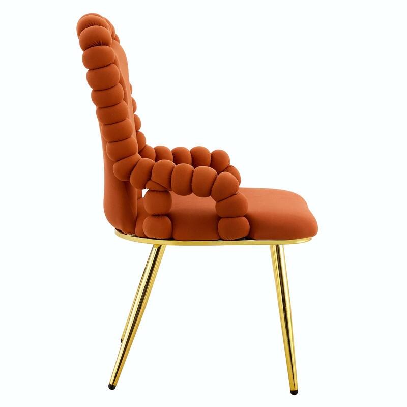 Set of 2 Puffy Bubble Velvet Dining Chairs with Ball Chain Design & Gold Legs