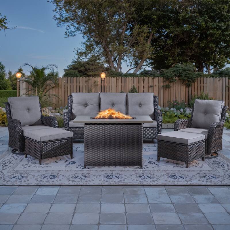 6 Pieces Patio Furniture Set with Fire Pit Table - Brown - Grey - Brown