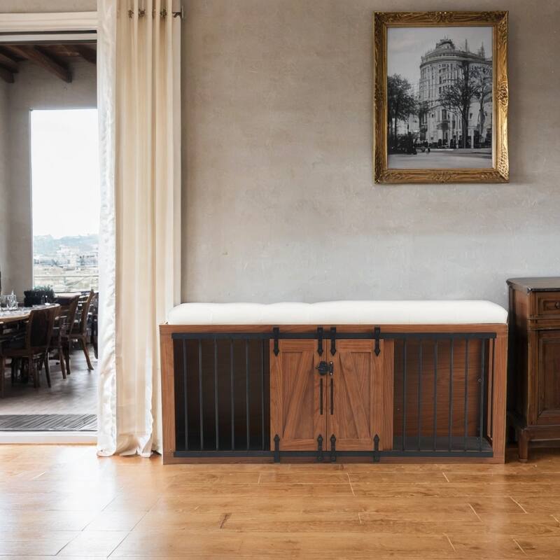 56"L, Furniture Style 2 in 1 Dog Crate with Padded Seat, Sliding Barn Door, Luxury Wooden Dog Kennel