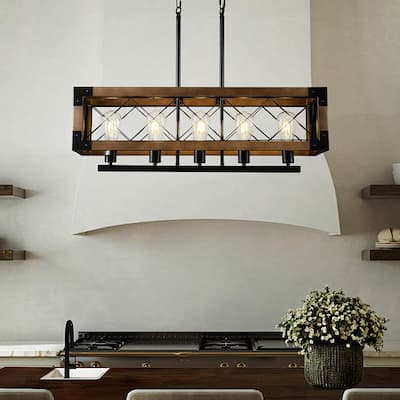 5-Light Farmhouse Cage Rectangle Kitchen Island Chandelier with Solid Wood Accent - 32 inches