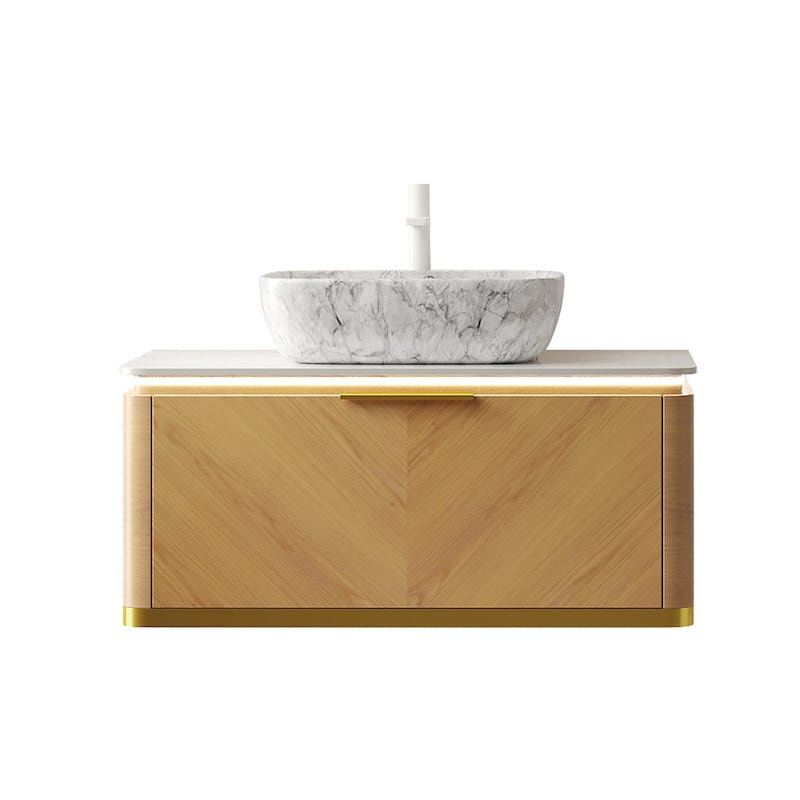GDFStudio - Dipa Modern 36" Floating Bathroom Vanity with Sensor Light, Drawer & Marble Pattern Ceramic Basin, WITHOUT Faucet