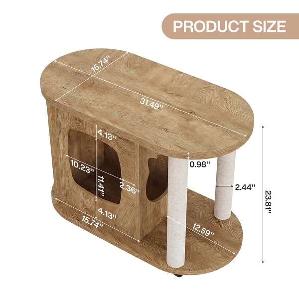 Modern Cat End Table with Scratching Posts, Hidden Cat House Furniture with Wheels for Indoor Cats