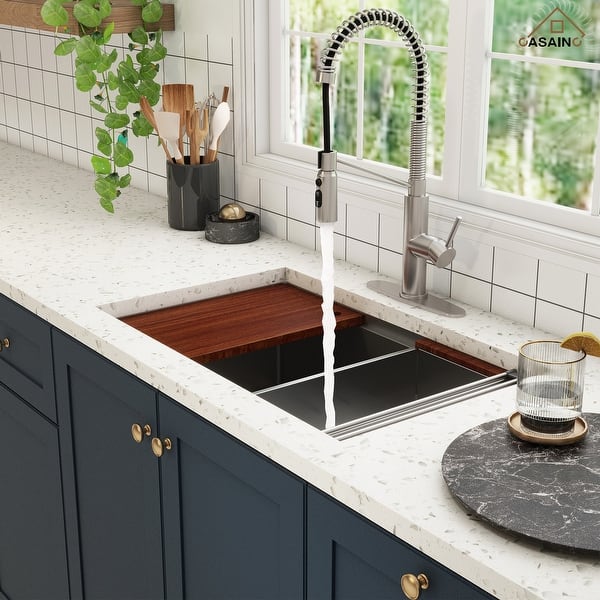 slide 2 of 42, Undermount Single Bowl 16 Gauge Nano Stainless Steel Workstation Kitchen Sink with Pull Down Kitchen Faucet and Accessories
