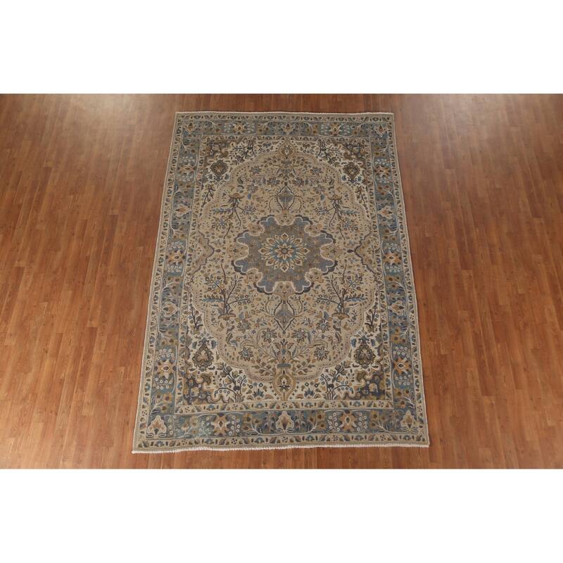 Tabriz Persian Vintage Rug Handmade Traditional Beige Wool Carpet - 6'10"x 9'10"