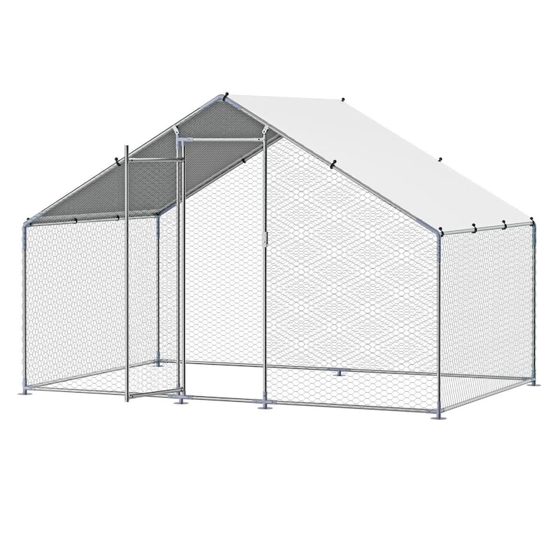 Silver Galvanized Steel Chicken Coop with Protective Net and PE Tarp Cover
