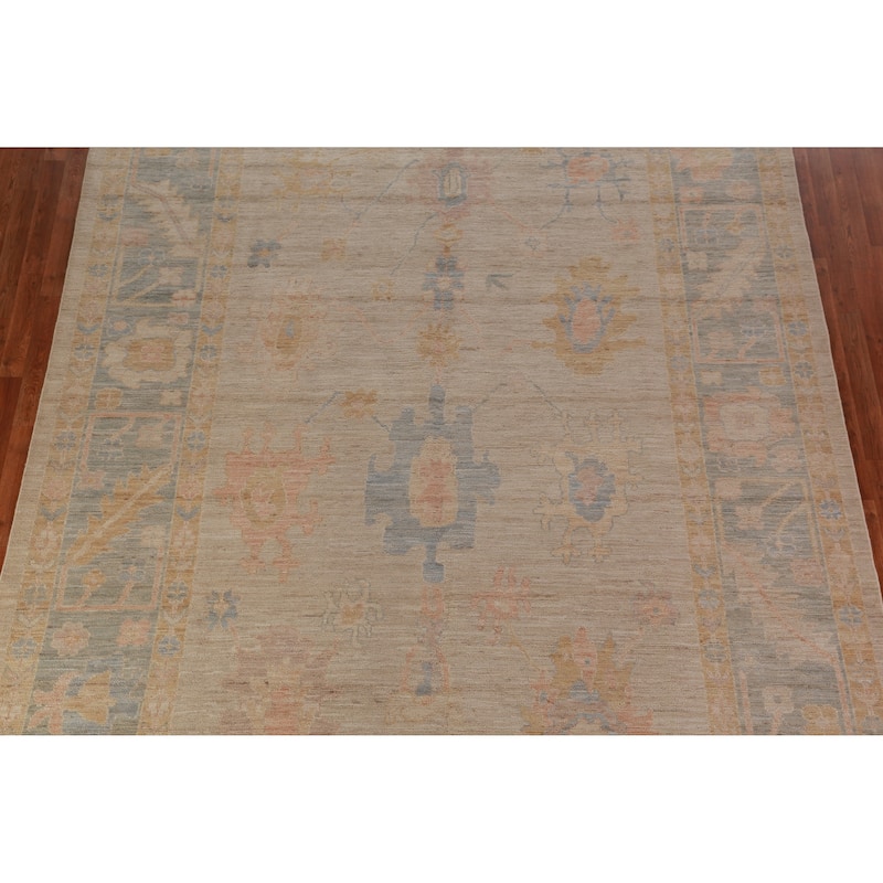 Hand Knotted Oriental 100% Wool Carpet Transitional All-Over Beige & Ivories Oushak Area Rug - 11' 10'' X 9' 0''