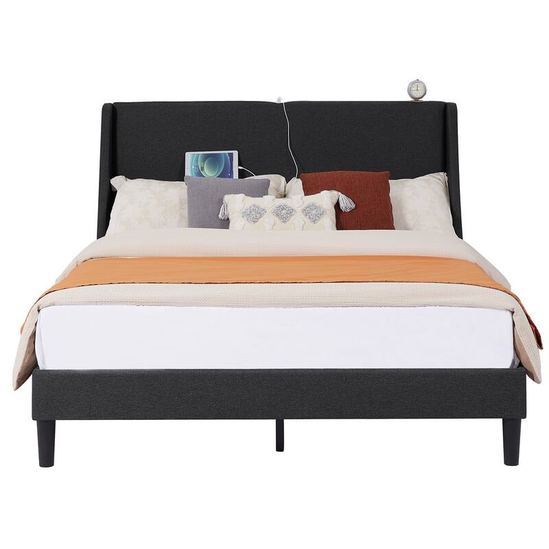 VECELO Bed Frame with Upholstered Wingback Headboard,Platform Bedframe with Charging Station & Side Pockets