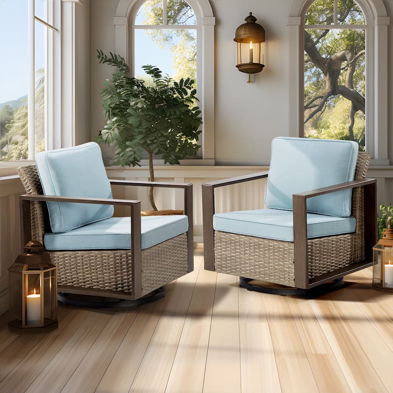 Cozywor 2-Piece Patio Wicker Outdoor Rocking Chair with Metal Frame and Cushions - Baby Blue