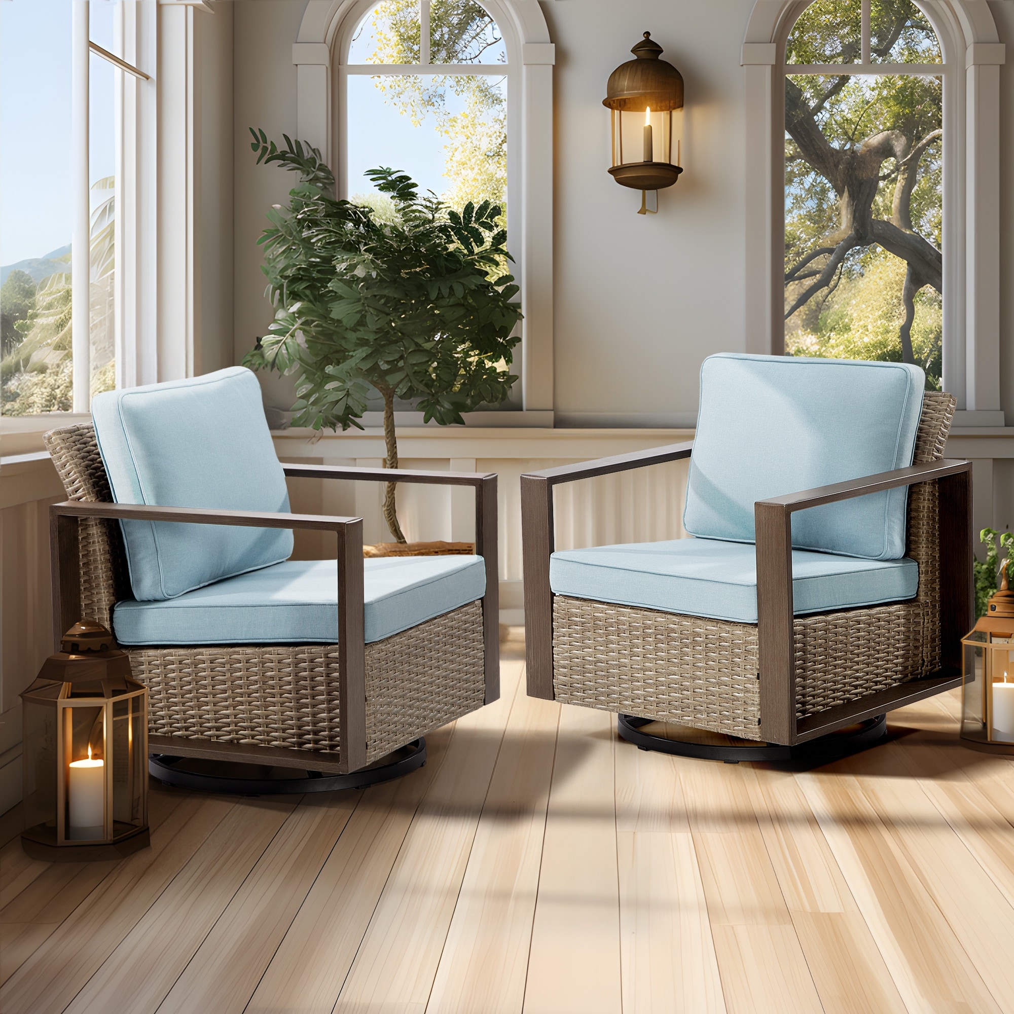 Cozywor 2-Piece Patio Wicker Outdoor Rocking Chair with Metal Frame and Cushions