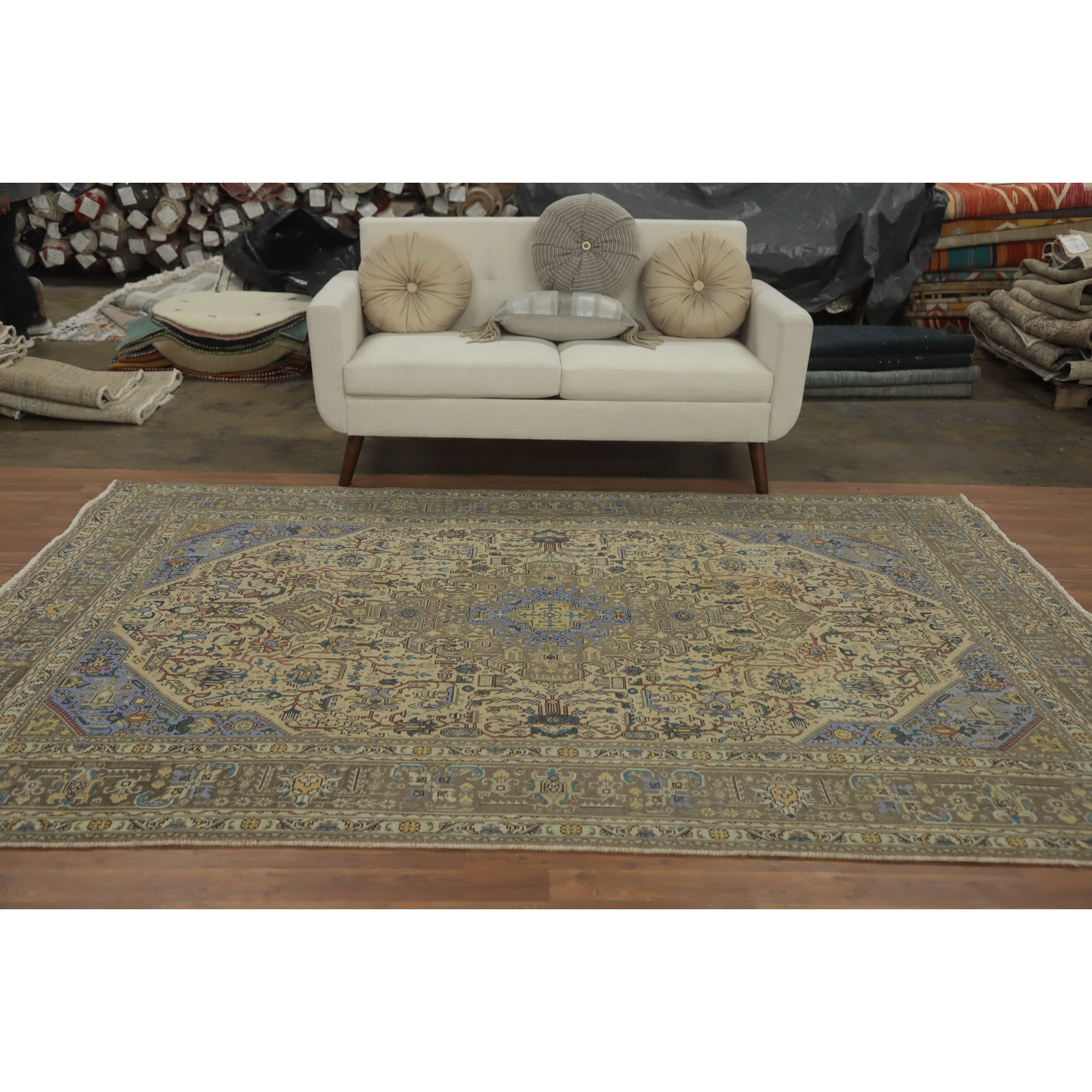 Hand Knotted Oriental 100% Wool Carpet Traditional Medallion Beige & Ivories Tabriz Area Rug - 9' 5'' X 6' 5''