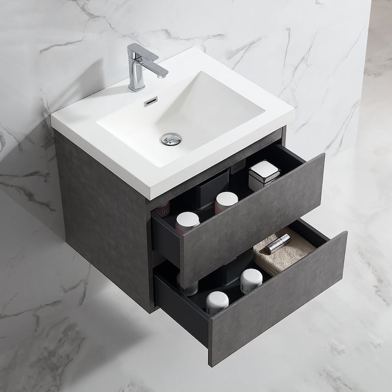 Floating Bathroom Vanity 24"-48" – Cement Gray Finish, White Integrated Sink