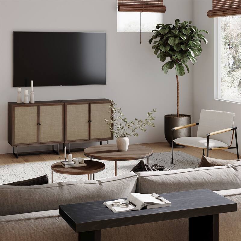 Nathan James Kova Natural Cane Rattan Doors Accent Cabinet with Metal Base and Adjustable Shelf
