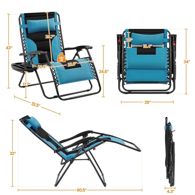 Yaheetech 2pcs 29in Padded Outdoor Zero Gravity Chair Patio Lounge Camping Chair with Armrests and Pillow