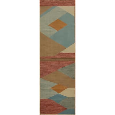 Hand Woven Oriental 100% Wool Carpet Southwestern Modern Multi-Colored Kilim Runner Rug - 9' 10'' X 2' 7''