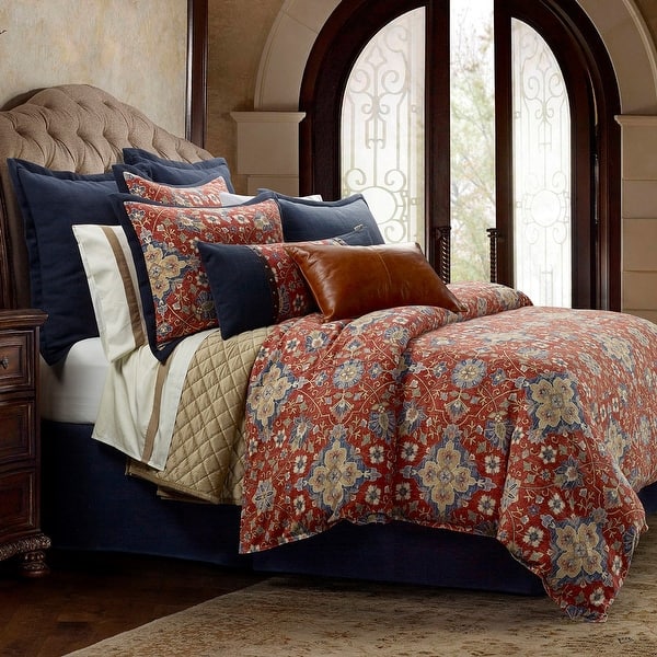 slide 2 of 8, HiEnd Accents Melinda Red/Navy Washed Linen Vintage Floral Medallion 3 Piece Duvet Cover Set Queen