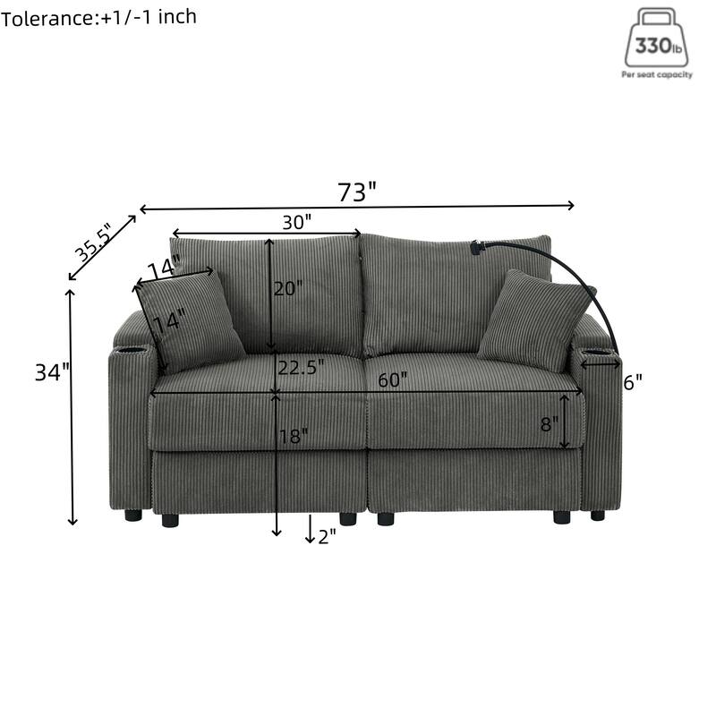 73" Corduroy 2-Seater Sofa with Deep Seat, Cup & Phone Holders