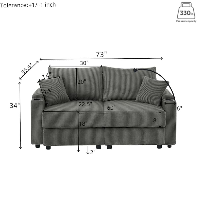 Deep Seat Loveseat Sectional Sofa Corduroy Upholstered Lounge Couch with Ottoman, Storage Armrests, Cup Holders and Phone Stand