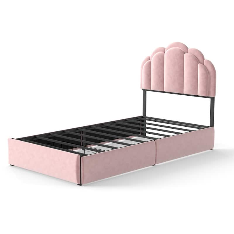Velvet Upholstered Platform Bed with RGB LED Petal Headboard, Under Bed Storage Drawers Princess Bed Frame
