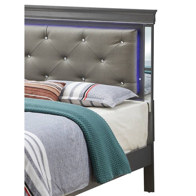 Jewel Tufted Upholstered Mirrored Panel Full Bed with LED Light - 80" - Black