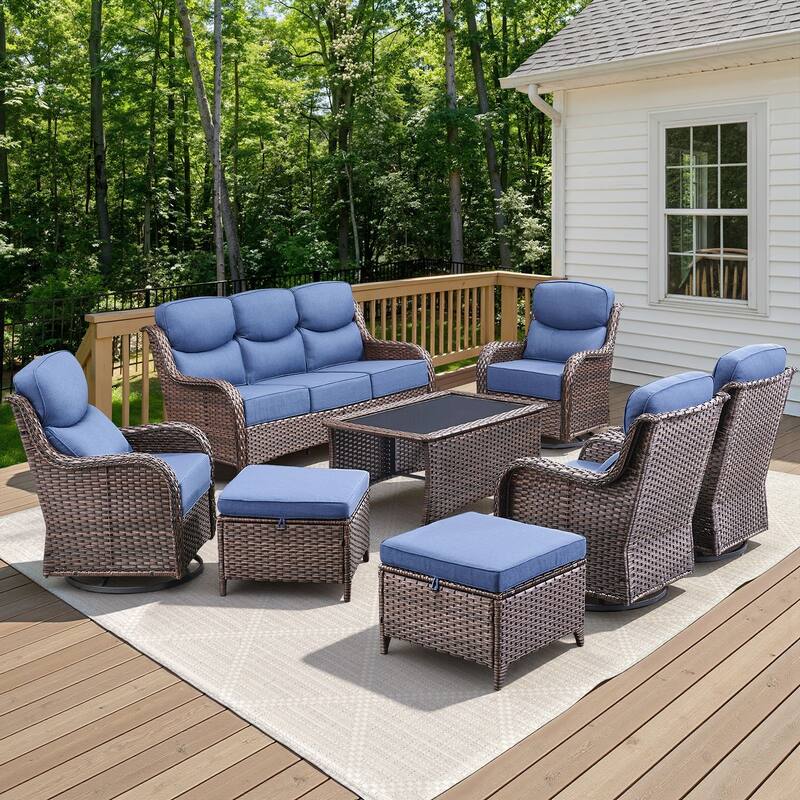 Arcadia 8-Piece Wicker Patio Conversation Set with Swivel Gliders and 6-Inch Thick Olefin Cushions