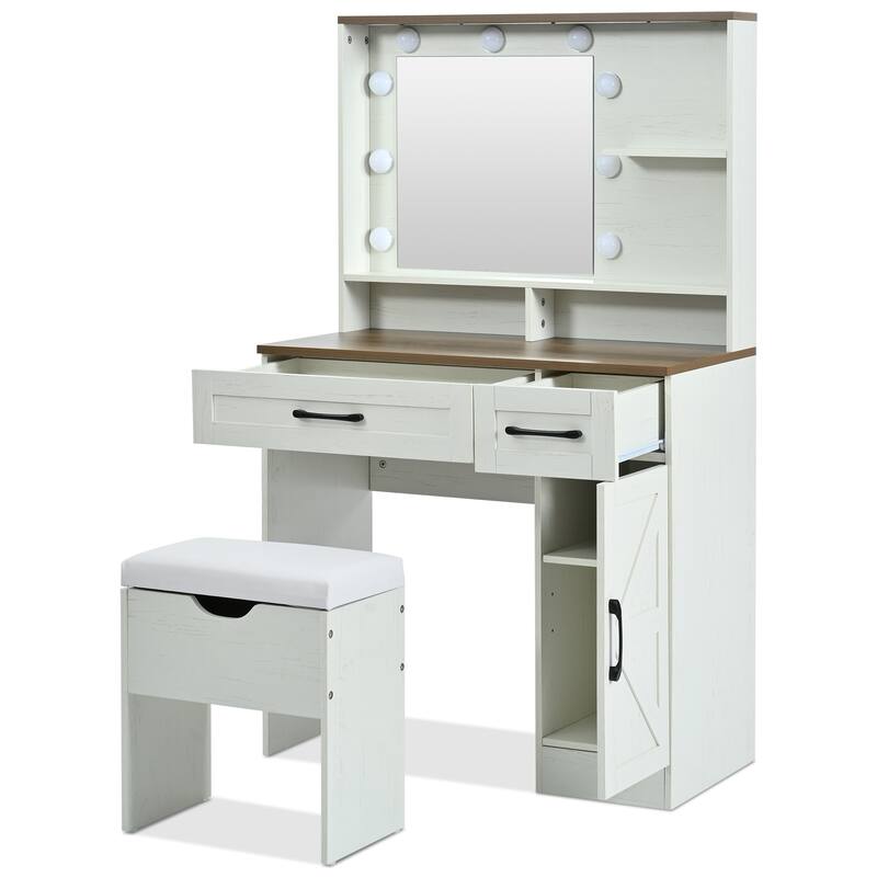 Farmhouse Makeup Vanity Desk with Mirror and Lights, 3 Lighting Modes, Vanity Set with Stool, Dressing Table