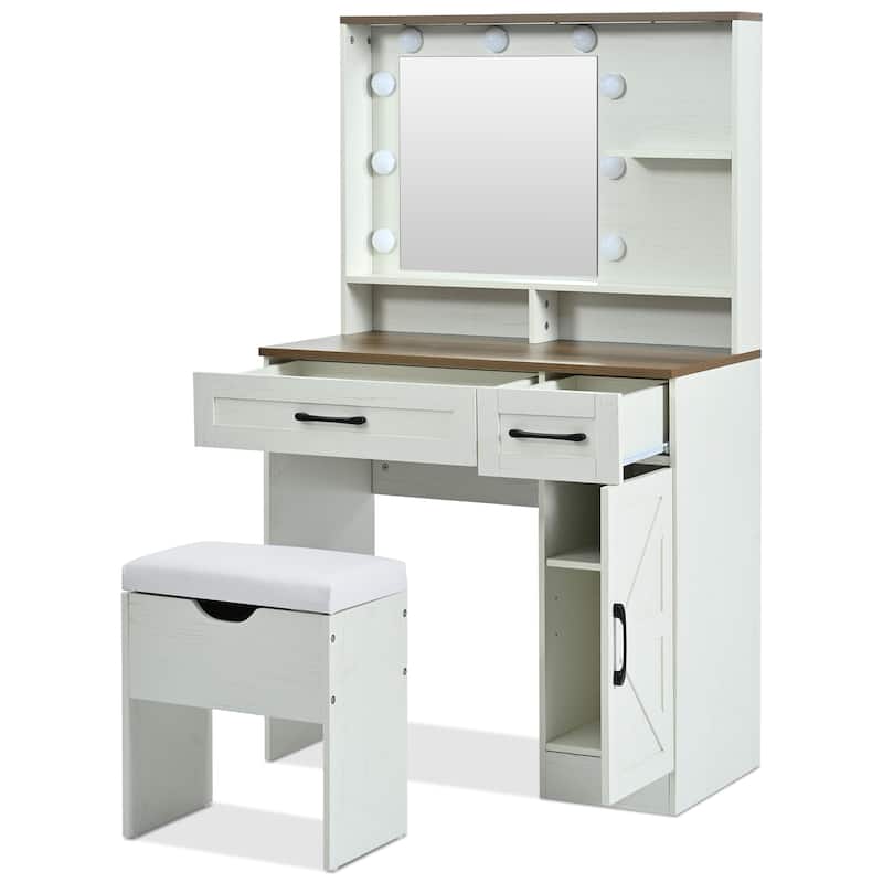 Vanity Desk with Mirror and Lights, Dressing Table with Adjustable Shelves and Drawer, Makeup Table with Side Cabinet