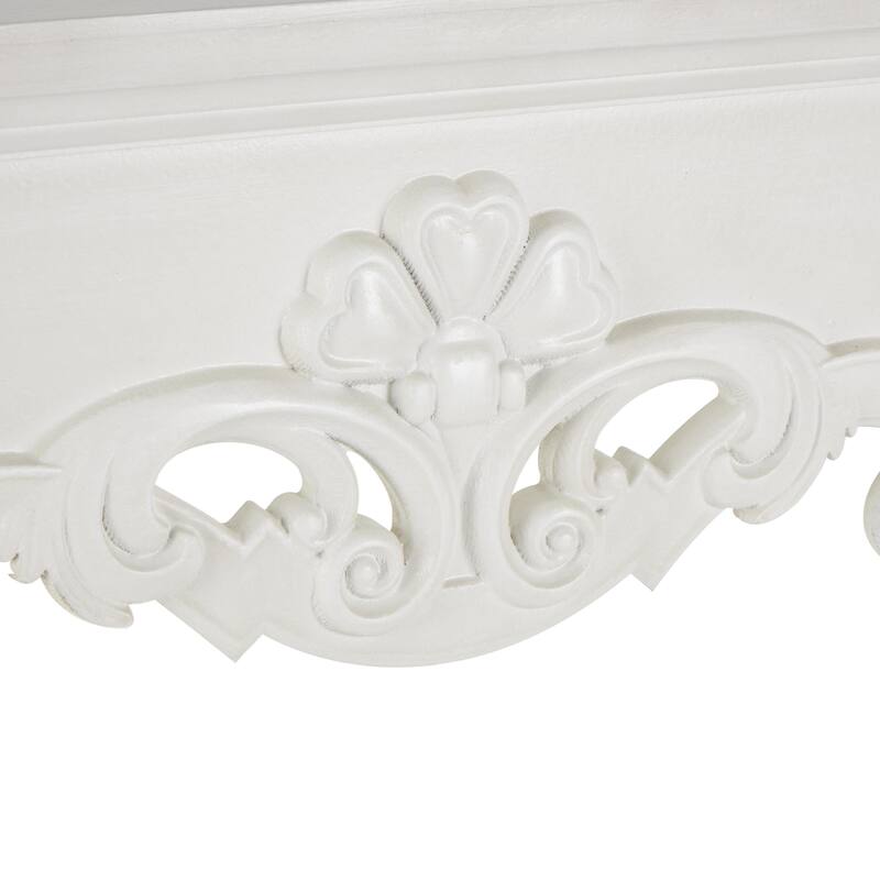 White Wooden Freestanding Scroll Decorative Fireplace Mantle with Floral Accents - 10"W x 45"L x 42"H