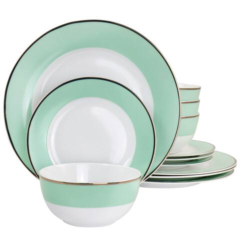 Martha Stewart Gold Rimmed 12 Piece Fine Ceramic Dinnerware Set in Mint - 12 Piece